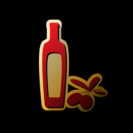 Black olives branch with olive oil bottle sign. Vector. Red icon with small black and limitless shadows at golden sticker on black background.のイラスト素材