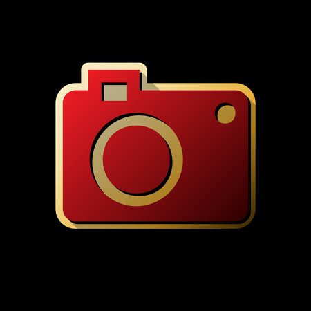 Digital camera sign. Vector. Red icon with small black and limitless shadows at golden sticker on black background.のイラスト素材