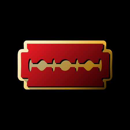 Razor blade sign. Vector. Red icon with small black and limitless shadows at golden sticker on black background.のイラスト素材
