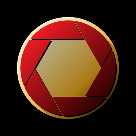 Photo sign illustration. Vector. Red icon with small black and limitless shadows at golden sticker on black background.のイラスト素材