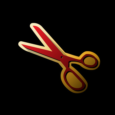 Scissors sign illustration. Vector. Red icon with small black and limitless shadows at golden sticker on black background.のイラスト素材