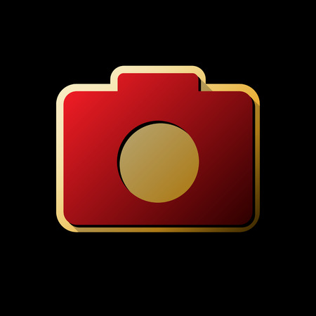 Digital camera sign. Vector. Red icon with small black and limitless shadows at golden sticker on black background.のイラスト素材