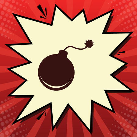 Bomb sign illustration. Vector. Dark red icon in lemon chiffon shutter bubble at red popart background with rays.のイラスト素材