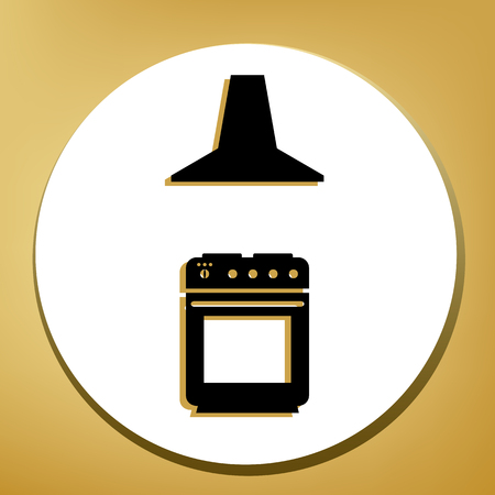 Electric or gas stove and extractor kitchen hood sign. Vector. Black icon with light brown shadow in white circle with shaped ring at golden background.のイラスト素材