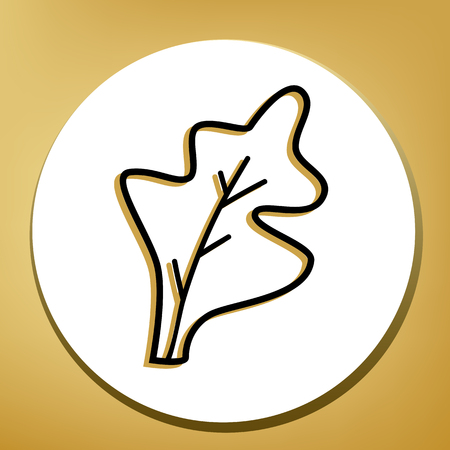 Lettuce leave sign. Vector. Black icon with light brown shadow in white circle with shaped ring at golden background.のイラスト素材