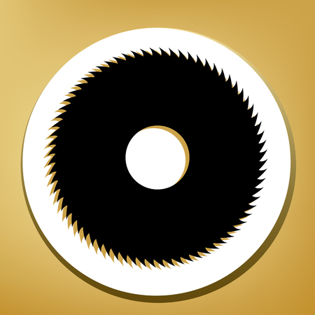 Saw sign. Vector. Black icon with light brown shadow in white circle with shaped ring at golden background.のイラスト素材