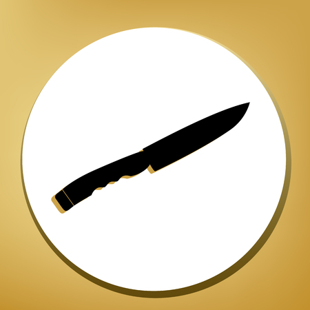 Knife sign. Vector. Black icon with light brown shadow in white circle with shaped ring at golden background. Illustration.のイラスト素材