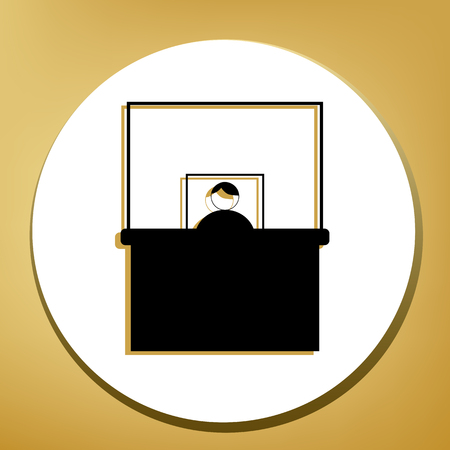 Information Desk sign. Vector. Black icon with light brown shadow in white circle with shaped ring at golden background.のイラスト素材