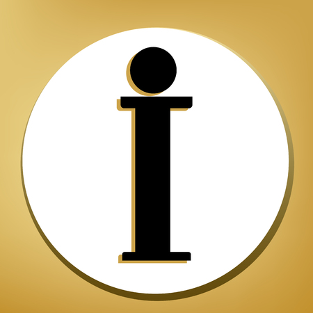 Info sign. Vector. Black icon with light brown shadow in white circle with shaped ring at golden background.のイラスト素材