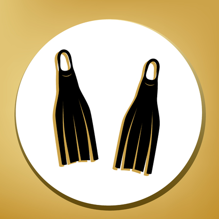 Diving flippers sign. Vector. Black icon with light brown shadow in white circle with shaped ring at golden background.のイラスト素材