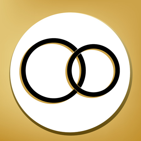 Wedding rings sign. Vector. Black icon with light brown shadow in white circle with shaped ring at golden background.のイラスト素材