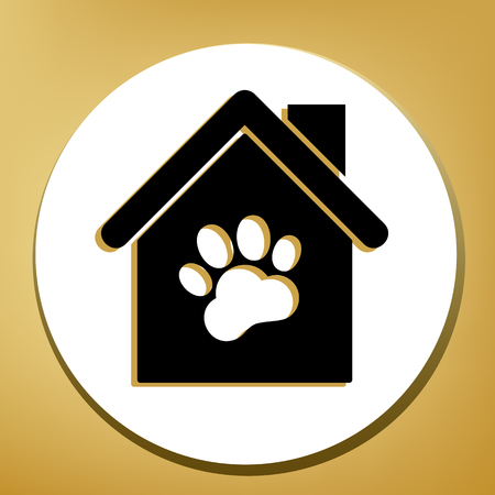 Pet shop, store building sign illustration. Vector. Black icon with light brown shadow in white circle with shaped ring at golden background.のイラスト素材