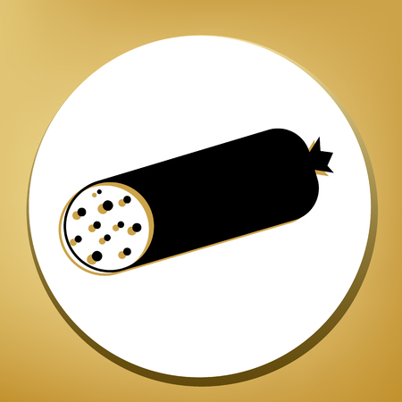 Sausage sign illustration. Vector. Black icon with light brown shadow in white circle with shaped ring at golden background.のイラスト素材