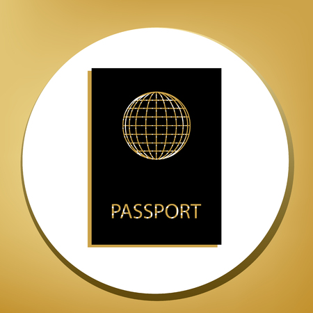 Passport sign illustration. Vector. Black icon with light brown shadow in white circle with shaped ring at golden background. Illustration.のイラスト素材