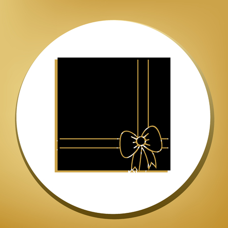 Gift box sign illustration. Vector. Black icon with light brown shadow in white circle with shaped ring at golden background.のイラスト素材