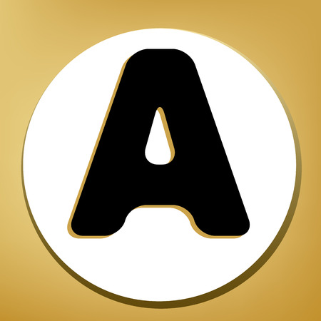 Letter A sign design template element. Vector. Black icon with light brown shadow in white circle with shaped ring at golden background.のイラスト素材