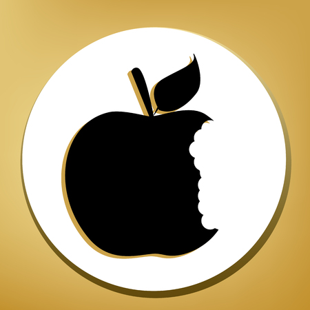 Bited apple sign. Vector. Black icon with light brown shadow in white circle with shaped ring at golden background.のイラスト素材