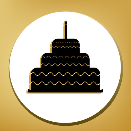 Cake with candle sign. Vector. Black icon with light brown shadow in white circle with shaped ring at golden background.のイラスト素材