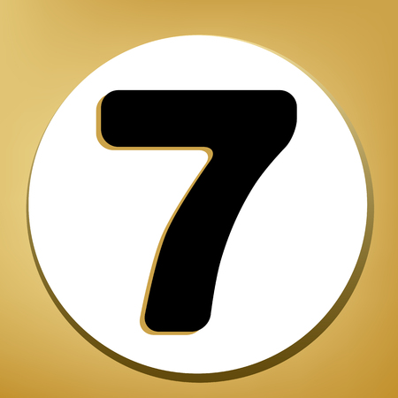 Number 7 sign design template element. Vector. Black icon with light brown shadow in white circle with shaped ring at golden background.のイラスト素材