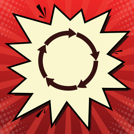 Circular arrows sign. Vector. Dark red icon in lemon chiffon shutter bubble at red popart background with rays.のイラスト素材