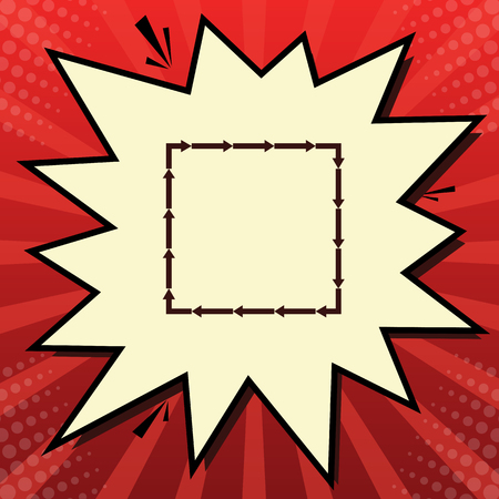 Arrow on a square shape. Vector. Dark red icon in lemon chiffon shutter bubble at red popart background with rays.のイラスト素材