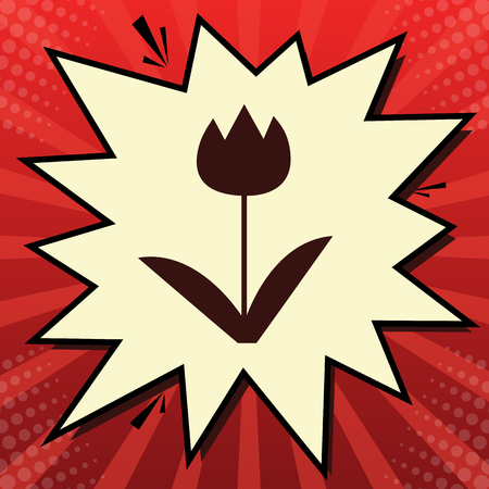Tulip sign. Vector. Dark red icon in lemon chiffon shutter bubble at red popart background with rays.のイラスト素材