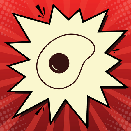 Omelet sign. Flat designed style icon. Vector. Dark red icon in lemon chiffon shutter bubble at red popart background with rays.のイラスト素材