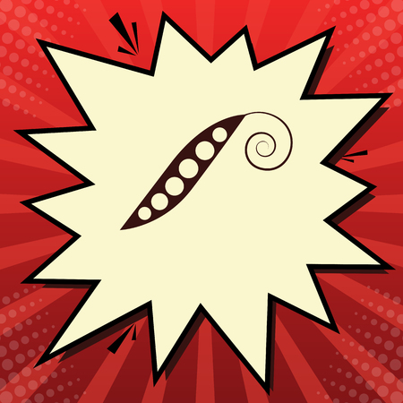 Eco food vegetables Pea sign. Vector. Dark red icon in lemon chiffon shutter bubble at red popart background with rays.のイラスト素材