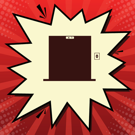 Elevators door sign. Vector. Dark red icon in lemon chiffon shutter bubble at red popart background with rays.のイラスト素材