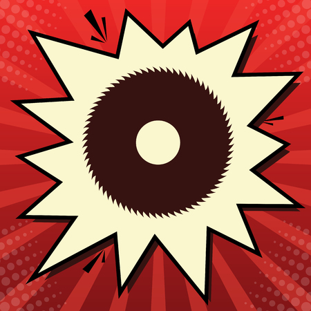 Saw sign. Vector. Dark red icon in lemon chiffon shutter bubble at red popart background with rays.のイラスト素材