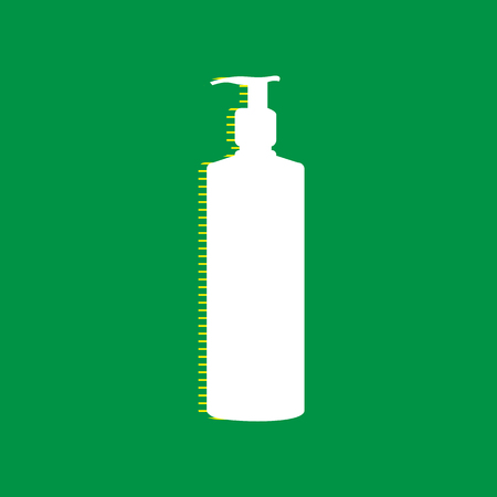 Gel, Foam Or Liquid Soap. Dispenser Pump Plastic Bottle silhouette. Vector. White flat icon with yellow striped shadow at green background.のイラスト素材