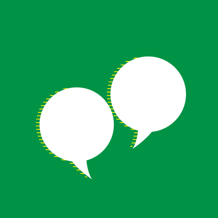 Two speech bubble sign. Vector. White flat icon with yellow striped shadow at green background.のイラスト素材