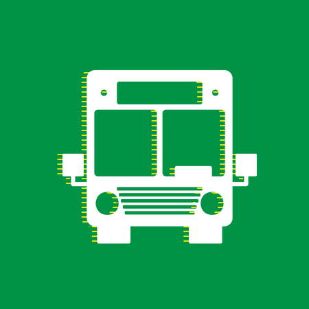 Bus sign illustration. Vector. White flat icon with yellow striped shadow at green background.のイラスト素材