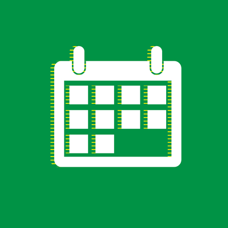 Calendar sign illustration. Vector. White flat icon with yellow striped shadow at green background.のイラスト素材