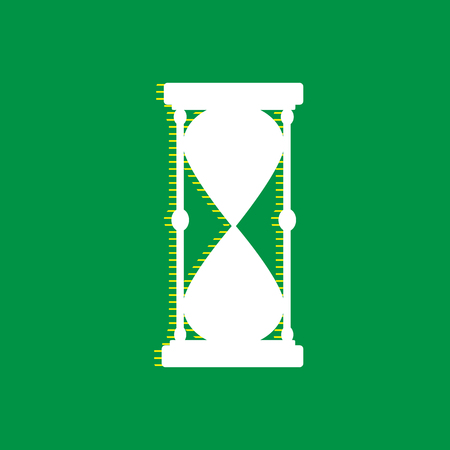 Hourglass sign illustration. Vector. White flat icon with yellow striped shadow at green background.