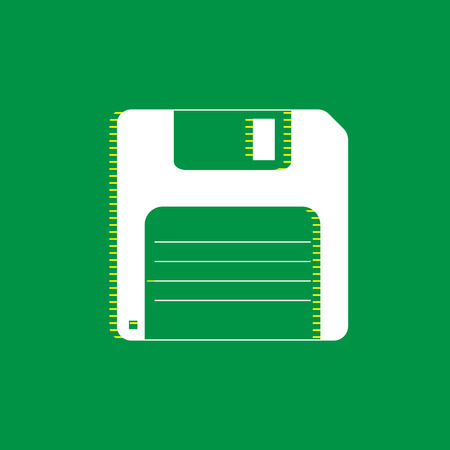 Floppy disk sign. Vector. White flat icon with yellow striped shadow at green background.のイラスト素材