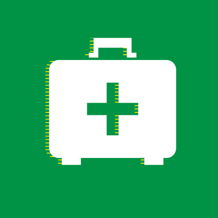 Medical First aid box sign. Vector. White flat icon with yellow striped shadow at green background.のイラスト素材