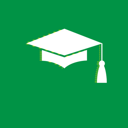 Mortar Board or Graduation Cap, Education symbol. Vector. White flat icon with yellow striped shadow at green background.のイラスト素材