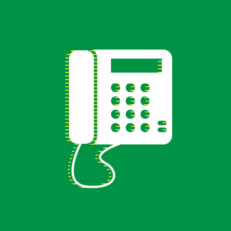 Communication or phone sign. Vector. White flat icon with yellow striped shadow at green background.のイラスト素材