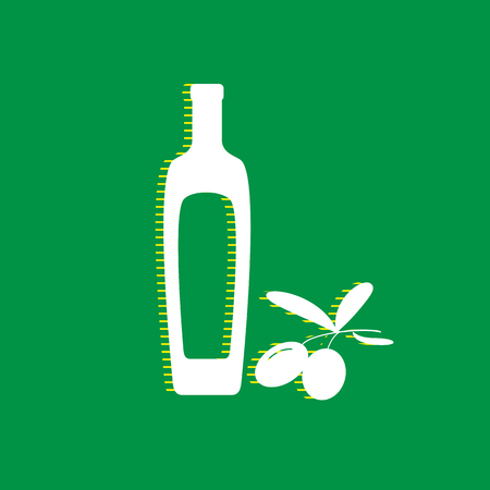 Black olives branch with olive oil bottle sign. Vector. White flat icon with yellow striped shadow at green background.のイラスト素材