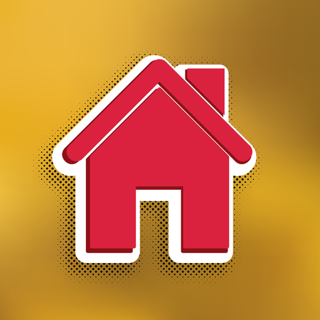 Home silhouette illustration. Vector. Magenta icon with darker shadow, white sticker and black popart shadow on golden background.のイラスト素材