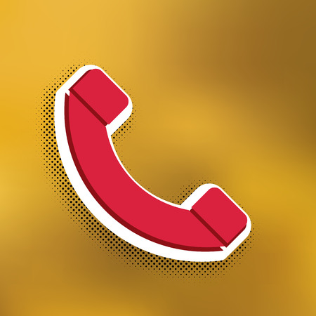 Phone sign illustration. Vector. Magenta icon with darker shadow, white sticker and black popart shadow on golden background.のイラスト素材