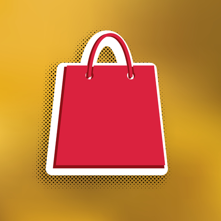 Shopping bag illustration. Vector. Magenta icon with darker shadow, white sticker and black popart shadow on golden background.のイラスト素材
