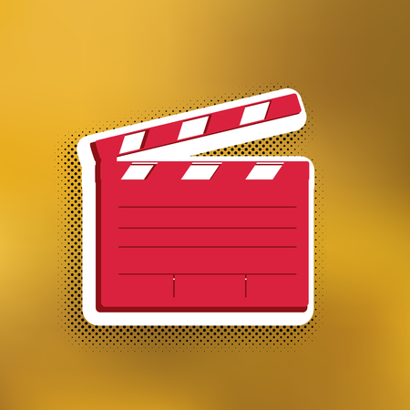 Film clap board cinema sign. Vector. Magenta icon with darker shadow, white sticker and black popart shadow on golden background.のイラスト素材