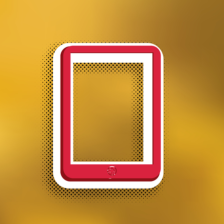 Computer tablet sign. Vector. Magenta icon with darker shadow, white sticker and black popart shadow on golden background.のイラスト素材