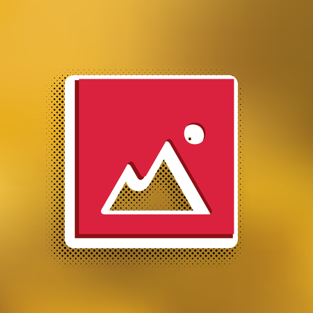 Image sign illustration. Vector. Magenta icon with darker shadow, white sticker and black popart shadow on golden background.のイラスト素材