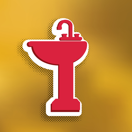 Bathroom sink sign. Vector. Magenta icon with darker shadow, white sticker and black popart shadow on golden background.のイラスト素材