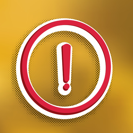 Exclamation mark sign. Vector. Magenta icon with darker shadow, white sticker and black popart shadow on golden background.のイラスト素材