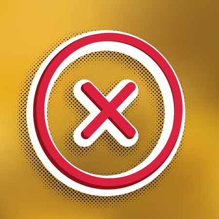 Cross sign illustration. Vector. Magenta icon with darker shadow, white sticker and black popart shadow on golden background.のイラスト素材