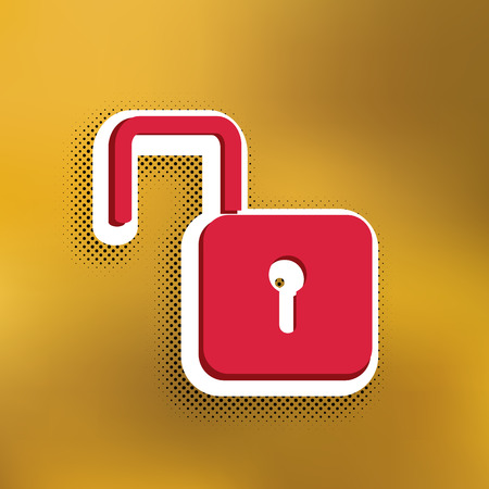 Unlock sign illustration. Vector. Magenta icon with darker shadow, white sticker and black popart shadow on golden background.のイラスト素材